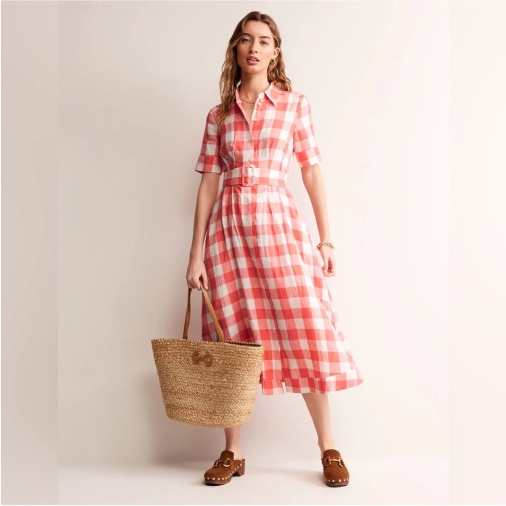 Boden Gingham Rose Red Louise 100% Linen Midi Shirt Dress